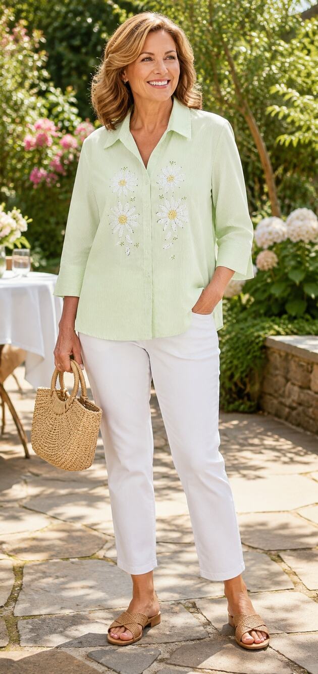 XL Green Pinstripe Daisy Rhinestone Button Up Top 3/4 Sleeve Floral Cottagecore